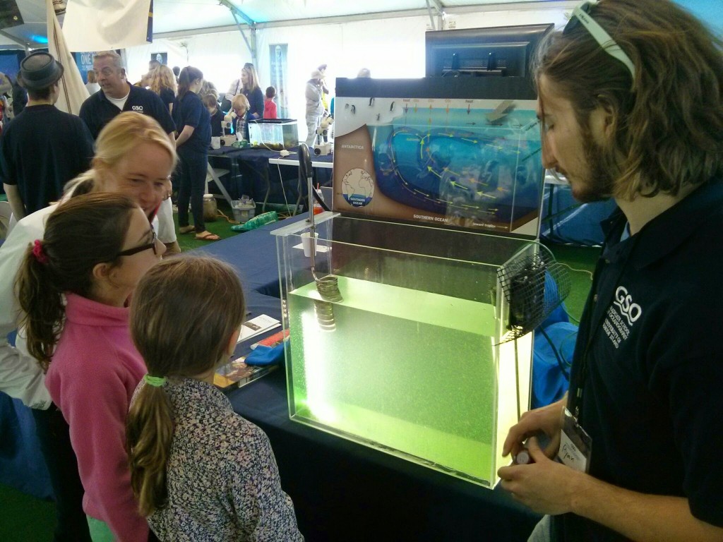 Ryan O'Shea how water becomes dense and sinks near Antarctica to enter the deep ocean.  The tank with green beads illustrates this circulation.